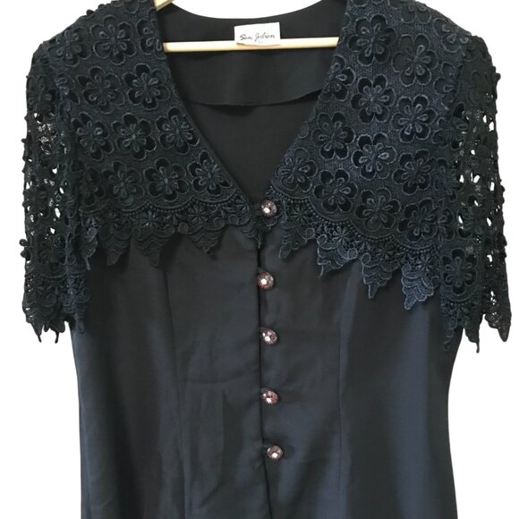 San Julian Tunic Blazer: Vintage Crocheted Lace Collar Crystal Buttons Black M - Picture 10 of 11